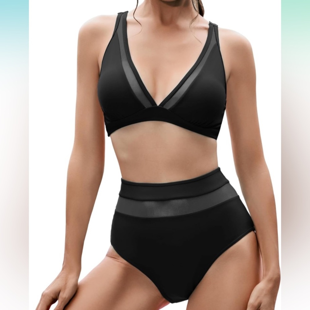 BLACK MESH TRIM TWO PIECE SWIMSUIT BIKINI XL new - Picture 1 of 9